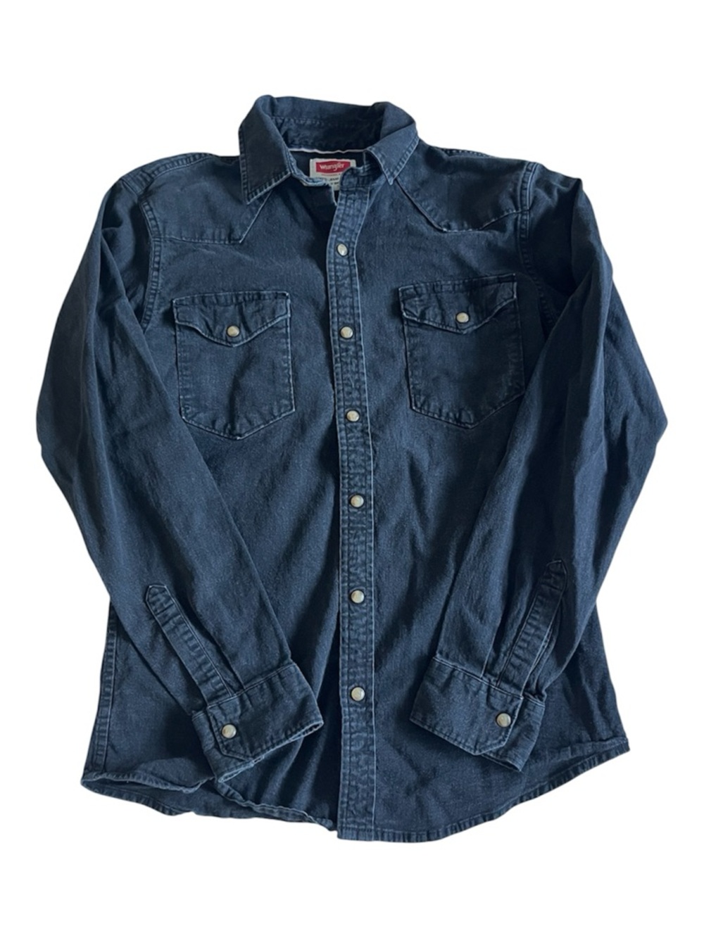 Vintage Wrangler Mens Black Denim Western Pearl Snap Shirt Small